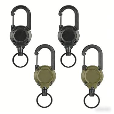 Imagem de Conjunto de chaveiros retráteis MCHOOL pacote com 4 (2 pretos + 2 verdes) porta-crachá mosquetão resistente com carretel de 65 cm, clipe multiferramentas para chaves de trabalho, cartões de