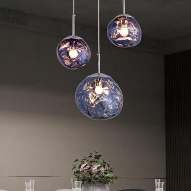 Imagem de Sedelan Luz pendente, luzes pendentes azuis escuras modernas ilha de cozinha, cluster 3 luzes pendentes, luminárias de sala de jantar, iluminação pendente soprada globo para sala de estar, quarto, bar