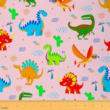 Imagem de jejeloiu Tecido de dinossauro rosa por The Yard Tecido de estofamento de dinossauro para costura, artesanato, animais selvagens, à prova d'água, decoração interna e externa para casa, projetos faça