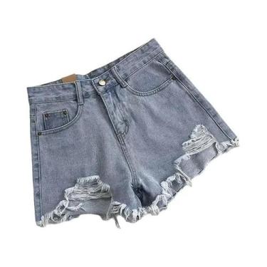 Imagem de Shorts Jeans Feminino Cintura Alta Rasgado Com Franjas E Bolsos Estilo