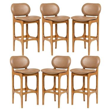 Imagem de Kit 6 Banquetas Alta Estofada Rafine Madeira Castanho Tecido Impermeável Marrom