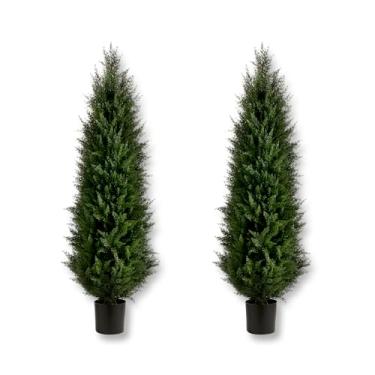 Imagem de Conjunto de 2 árvores de topiaria artificial de cedro de 1,8 m, plantas resistentes a UV para ambientes externos, pinho falso alto, cipreste realista, vaso externo, toque real, perene para decoração