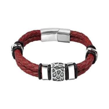Imagem de Pulseira Masculina De Couro Trançado Marrom Com Aço Inoxidável 316L E 