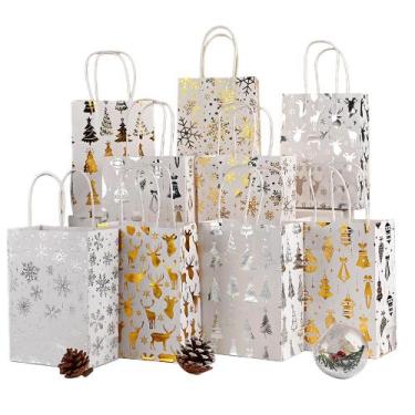 Imagem de Conjunto de sacolas de presente de Natal, papel kraft branco, 15x8x21c