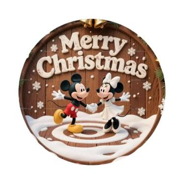Imagem de Feliz Natal Disney Mickey Minnie Placa Redonda De Madeira Personalizad
