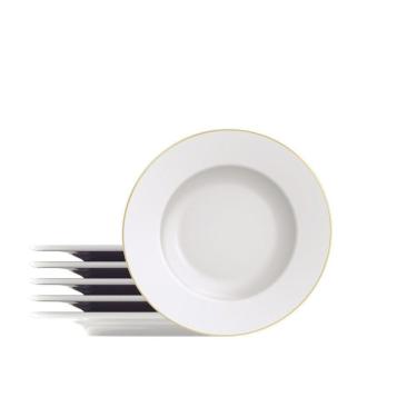 Imagem de Kit Prato Sobremesa Filetado 21cm 6 Peças Tramontina Elisa Porcelana Borda Dourada Tramontina