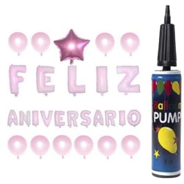Imagem de Kit Balão Metalizado Feliz Aniversário Festa 27 Pçs C/Bomba - Rio Tiju