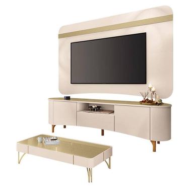 Imagem de Rack Bancada Elara e Painel Armony com Mesa de Centro Cadenza Off White Champanhe - HB Móveis