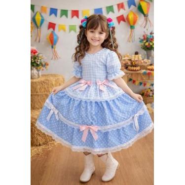 Imagem de Vestido Xadrez Junino Infantil Azul Bebê Coração Rosa Laços Festa Juni