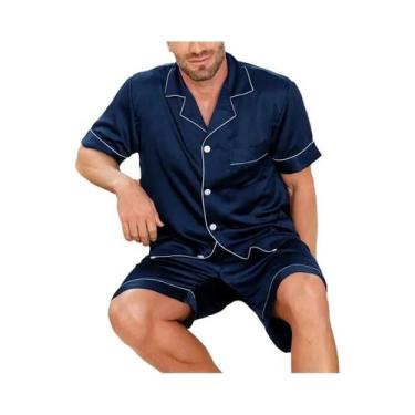 Imagem de Conjunto De Pijama De Verão Masculino Em Cetim Com Camisa De Manga Cur