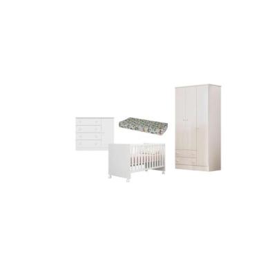 Imagem de Jogo De Quarto Completo Bebê Lily Berço Com Colchão Roupeiro Branco - 