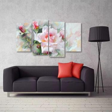 Imagem de Quadro Flor Rosa Branca Sala Quarto Em Tecido 4 Peças 1