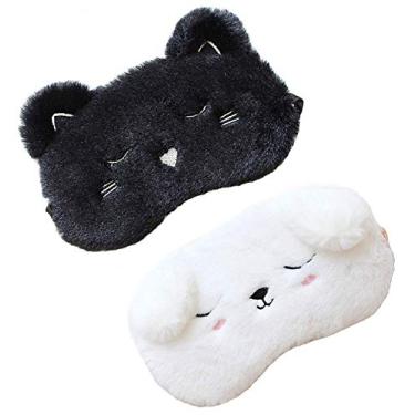 Imagem de WERPOWER Pacote com 2 máscaras de dormir fofas de gato e cachorro, brancas, de seda, com faixa elástica, adequadas para crianças e adultos, para viagem, sono e meditação, tamanho 20 cm x 8 cm