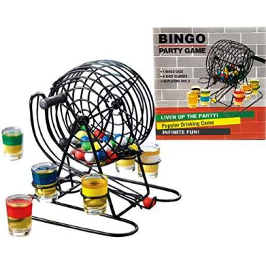 Imagem de Mɑtty's Toy Stop Drunken Bingo Deluxe Drinking Game Set with Metal Cage & Color Coded Shot Glasses