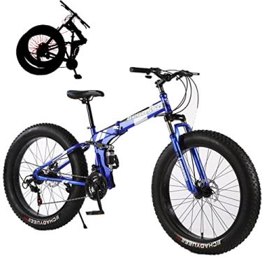 Imagem de Bicicleta dobrável de pneus gordos para adultos bicicletas dobráveis para adultos bicicleta de montanha dobrável com garfo de suspensão engrenagens de 21 velocidades bicicleta dobrável bicicleta da cidade moldura de aço de alto carbono, azul, 66 cm