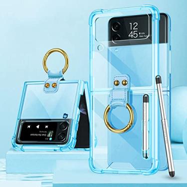 Imagem de Com caneta capa transparente à prova de choque para Samsung Galaxy Z Flip 4 Candy Color silicone transparente capa para Flip 3 5G capa de telefone chaveiro, azul, para galaxy Z flip 4