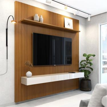 Imagem de Painel  Para Tv Até 75 Polegadas Ripado Impressão 3D Egeo Com Nicho 1,80m Cedo Off White EDN