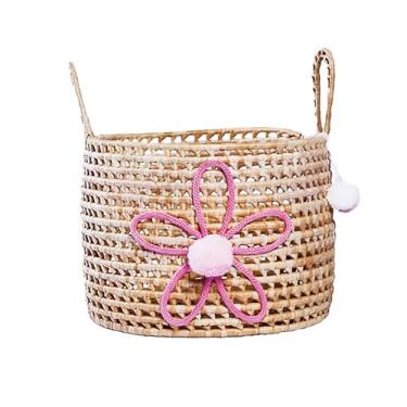 Imagem de Cesto Organizador Brinquedos, Mantas, Roupas Infantil Flor Rosa Em Palha Natural