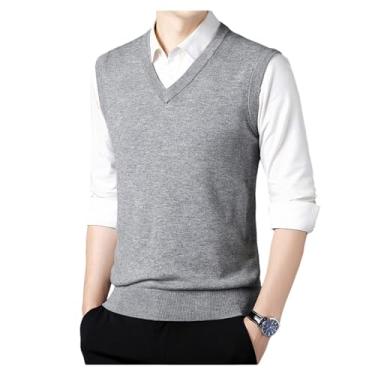 Imagem de Suéter masculino de malha de jérsei pulôver de cor sólida, suéter, gola V, colete, Cinza-claro, 3G
