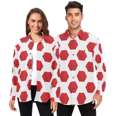 Imagem de Yuiboo Camisa social masculina manga longa para mulheres gola com bolsos geométrico vermelho hexágono moderno, Hexágono geométrico vermelho moderno, XXG