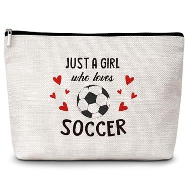 Imagem de Bolsa de cosméticos para presentes de futebol, Just a Girl Who Loves Soccer Travel Makeup Bag, presentes de time de futebol para jogadores amantes de futebol, inspiradores