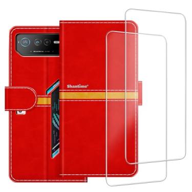 Imagem de ESACMOT Capa de celular compatível com Asus ROG Phone 6 + [2 unidades] película protetora de tela de vidro, capa protetora magnética de couro premium para Asus ROG Phone 6D (6,7 polegadas) vermelha