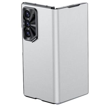 Imagem de HAO RIYLN Capa de couro genuíno para Samsung Galaxy Z Fold 6, suporte de lente invisível, capa de telefone com dobradiça de tela de proteção de câmera de metal antiarranhões, branca