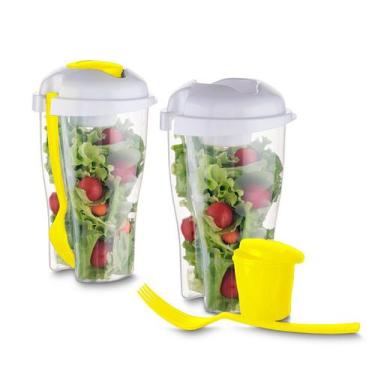 Imagem de Kit 2 Peças Copo 800ml P/ Salada Fitness Porta Molho E Garfo - ARKZ Sp