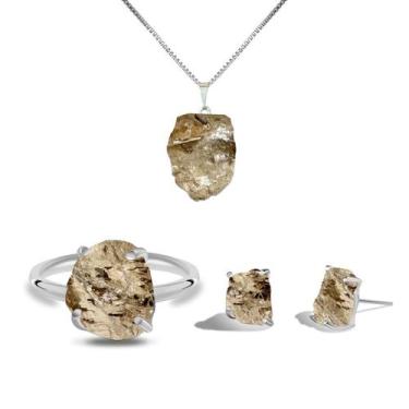 Imagem de Conjunto Natura Quartzo Fumê - Cristal Natural, Banho Ouro 18k
