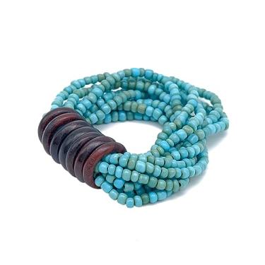 Imagem de Indomode Pulseira Bali com contas – Joias femininas elásticas de 10 fios turquesa feita à mão com anéis de madeira tamanho 16,5-19 cm com caixa de presente, One Size, Vidro, Sem Pedra Preciosa