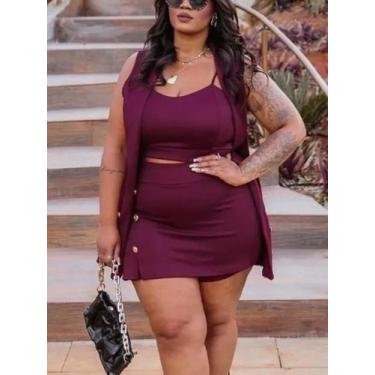 Imagem de Conjunto Feminino Plus Size Social 3 Peças Blazer Cropped Short Saia -