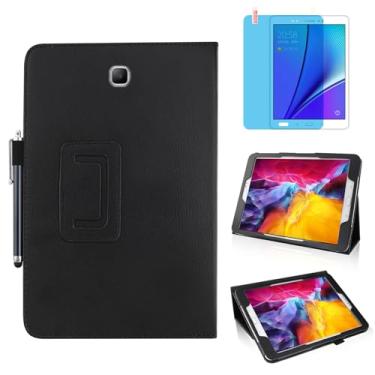 Imagem de Capa de couro fina para Samsung Galaxy Tab A 20.3 cm 2015 (SM-T350 T357 T355 P350 P355), suporte multiângulo, capa protetora completa para tablet com caneta Stylus, película de tela (preto)