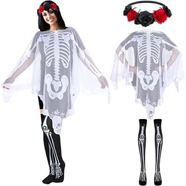 Imagem de Eurzom Plus Size Halloween Skeleton Costume for Women Skeleton Lace Poncho Skeleton Thigh High Socks Halloween Poncho with Flower Rose Headband for Day of the Dead Costume
