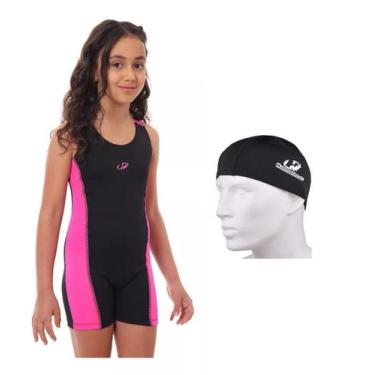 Imagem de Maiô Macaquinho Helanca Infantil Com Touca Natação Escolha Cor GHH01 H