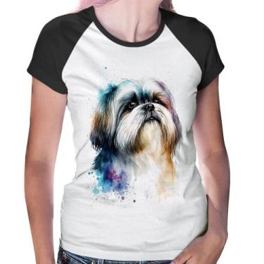 Imagem de Baby Look Raglan Cachorro Shih Tzu Watercolor - Foca na Moda, Branco, 