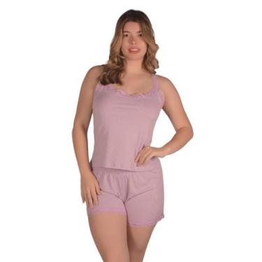 Imagem de Pijama Feminino Malha Suede Canelado com Renda Baby Doll Verão Curto R