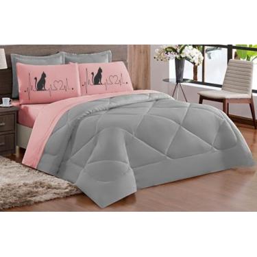 Imagem de Kit Edredom Amor de Gato Casal Queen Dupla Face Rosa Cinza - DUCASA EN