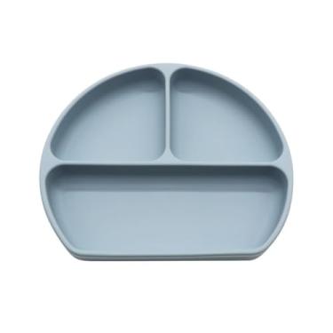Imagem de Prato Azul Infantil com Divisórias Método BLW Silicone Atóxico Antibacteriano Ventosa Antiderrapante Introdução Alimentar Bebê Seguro e Prático Posh Petite