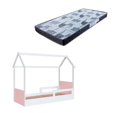 Imagem de Cama Infantil Montessoriana Miney Branco e Rosa com Colchão Astra D20 Preto e Cinza