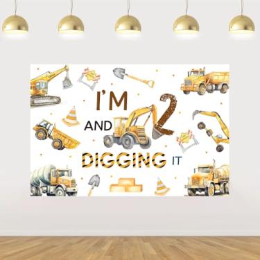 Imagem de Sursurprise Construction 2nd Birthday Decorations, I'm 2 and Digging it Birthday Backdrop, Photo Props, Dump Truck Construction Excavator Vehicle 2 Years Old Birthday Party Supplies
