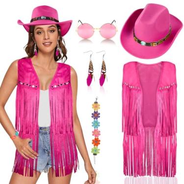 Imagem de Mukum Conjunto de 6 peças de roupas de vaqueira para mulheres com colete de vaqueira, chapéu de cowboy, acabamento turquesa, pulseira de óculos de sol para o Natal, Vermelho rosa, X-Large