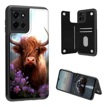 Imagem de BEOTIWAD Capa para Motorola Moto G Power 5G 2025/Moto G Play 5G 2025 para homens e mulheres vaca com flores roxas couro PU resistente à prova de choque capa carteira protetora com cartão de crédito
