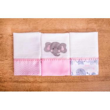 Imagem de Kit 3 Peças Fralda De Boca Para Bebê - Miguel Baby, Elefante Rosa