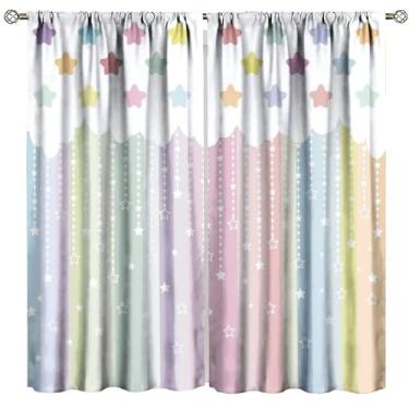 Imagem de Cortinas coloridas de arco-íris, listras geométricas engraçadas azul, verde, amarelo, rosa, padrão estrela, sem costura, tratamentos de janela para crianças e meninas, cortinas blackout com bolso para