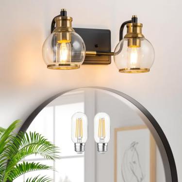 Imagem de BrkNit Luminárias De Banheiro Modernas Sobre O Espelho (Lâmpadas Led Inclusas), Luzes De Penteadeira Pretas E Douradas Para Arandelas De Banheiro Com Abajures De Vidro Transparente