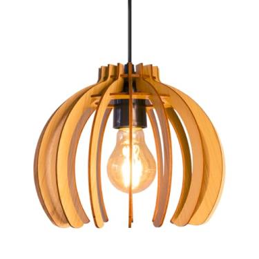 Imagem de Luminária Lustre Pendente Vazado Aletado MDF Madeira Rustico (marfim)