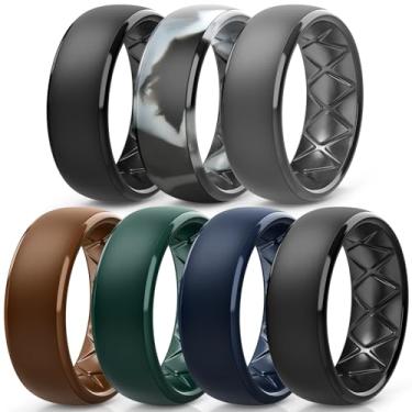 Imagem de Egnaro Anéis de casamento masculinos de silicone: 1/4/6/7 multipack de alianças de casamento de borracha com arco interno design ergonômico respirável para academia/exterior/presente, 10(19.8mm