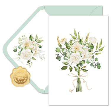 Imagem de FYSUIMU Pacote com 12 cartões de casamento buquê floral cartões comemorativos com envelopes adesivos flor folha de eucalipto cartão de notas em branco para suprimentos de festa de fim de ano, 10 x 15