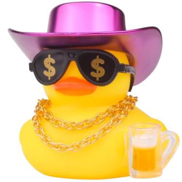 Imagem de CoFuBcad Decoração de painel de pato de borracha, decoração de pato amarelo de carro engraçado com colar de chapéu de caubói óculos de sol, mini instrumento de suporte para acessórios legais de carro