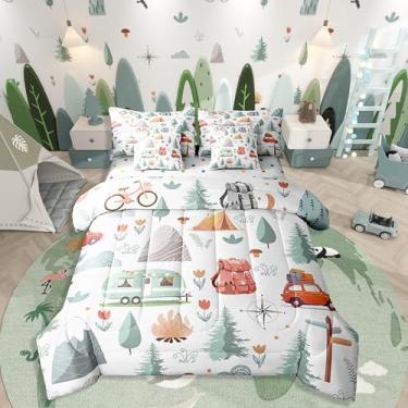 Imagem de Erosebridal Conjunto de edredom infantil com tema de campista, 7 peças, cama de casal em uma bolsa, conjunto de cama de acampamento feliz, acessórios de trailer de viagem, edredom de plumas, flores